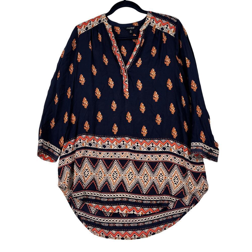 Lucky Brand‎ Tunic Blouse Top Size M Blue Aztec Print Bohemian Boho Semi Sheer